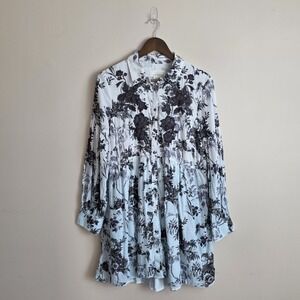 Anthropologie Floral Toile Button Down Mini Dress Blue Black Long Sleeve Size 10